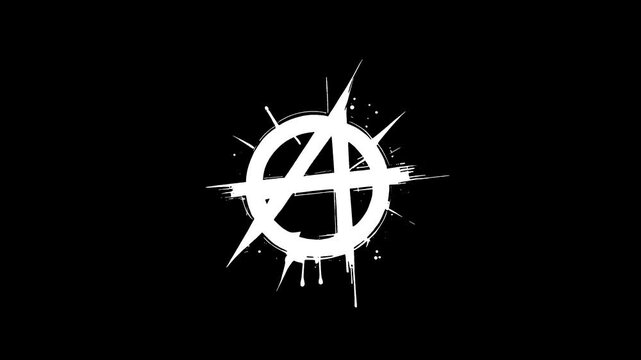 Stop-motion animation of white anarchy symbol drawn by paint on black background, protest idea