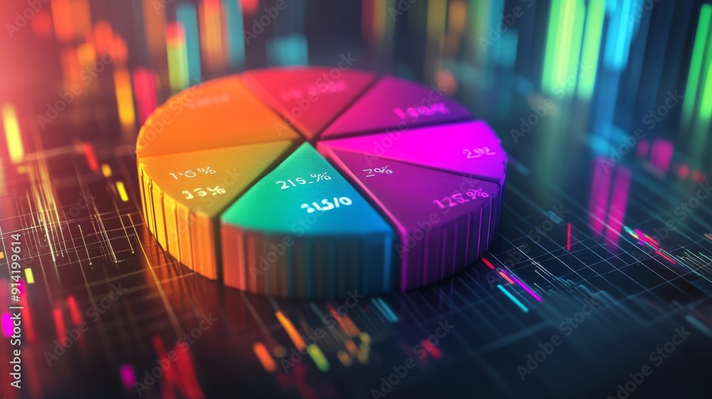 Poster vibrant 3d pie chart with radiant, glowing segments highlighting financial data distribution.