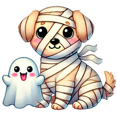 Naklejka premium A mummy cartoon dog is sitting next to a ghost