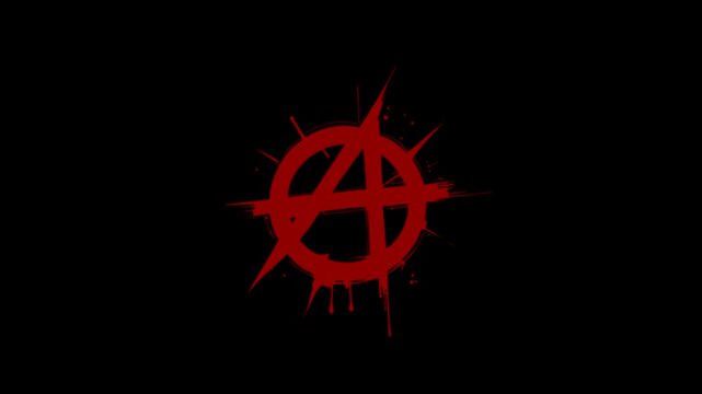 Stop-motion animation of blood red anarchy symbol drawn by paint on black background, protest idea