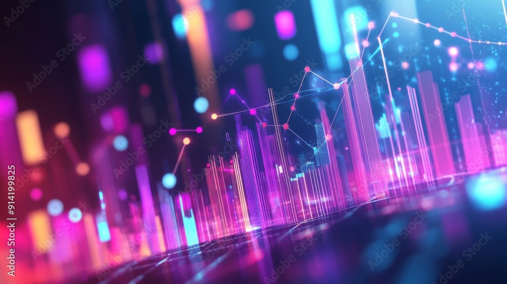Poster Vibrant abstract 3D financial graph with geometric shapes and glowing data trends.