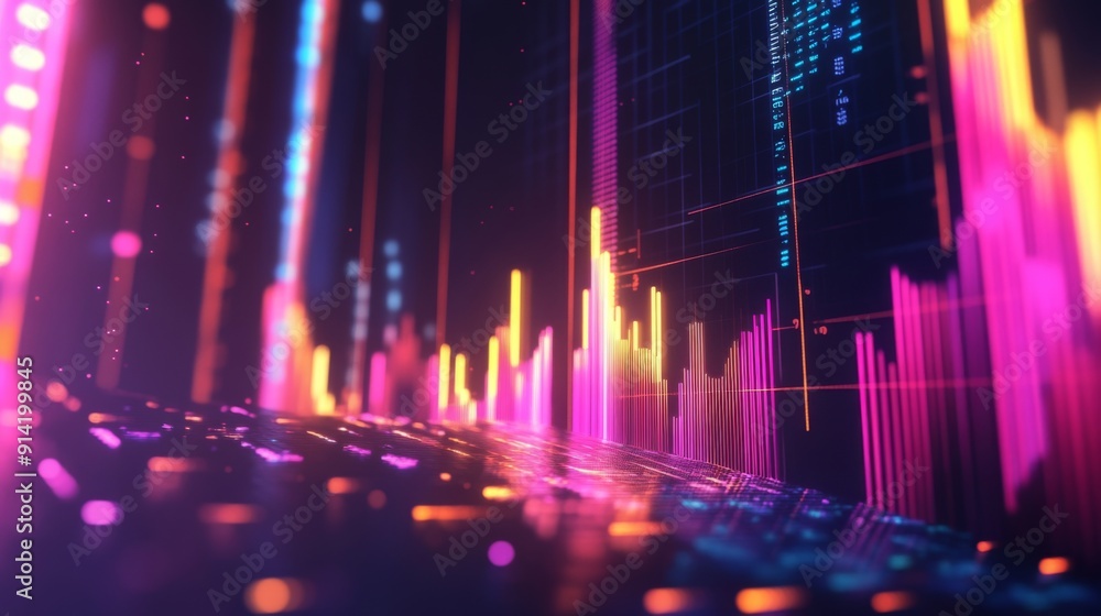 Poster Vibrant abstract 3D financial graph with geometric shapes and glowing data trends.