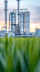 Innovative carbon capture facility transforming greenhouse gases into useful products, surrounded by lush green landscapes and clean energy sources