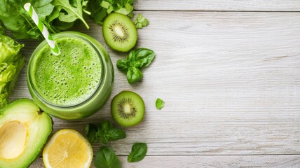Healthy Green Smoothie with Avocado, Kiwi, Lemon, Spinach & Basil on a Wooden Background
