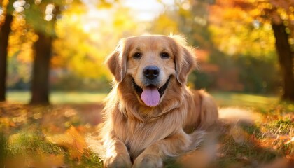 Obraz premium happy Golden retriever outdoors in a park in autumn season with fall leaf and colorful tree background