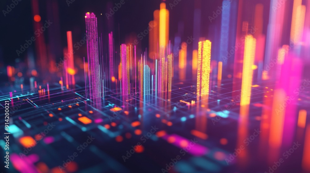 Poster Vibrant 3D financial graph with abstract shapes and glowing elements illustrating data points.
