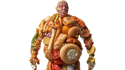 A human fat figure made of various fast food on transparent background 