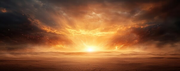 Naklejka premium Fiery sunset sky with golden clouds and a bright horizon.