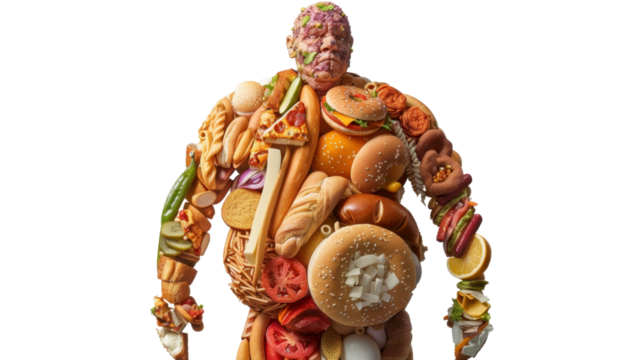 A human fat figure made of various fast food on transparent background  - Powered by Adobe