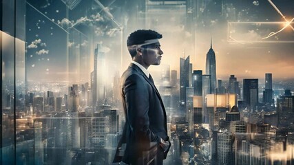 The dual-exposure image showcases a business professional against a backdrop of a modern city. This depiction signifies the advancement of business and communication technology, combining a fantastica - Powered by Adobe