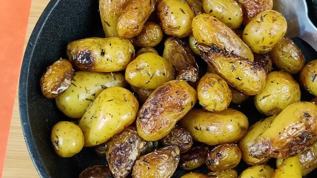 gros plan sur des Pommes de terre grenaille au thym et &agrave; l'ail dans une po&ecirc;le en fonte