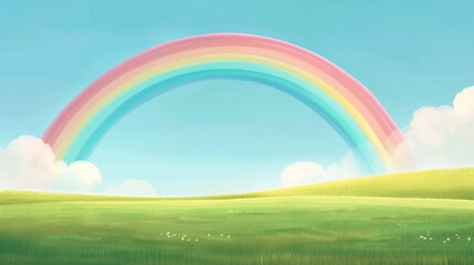 Majestic Rainbow Over Lush Green Field With Clear Blue Sky And Puffy Clouds, Nature Landscape, Serene Outdoor Scenery, Tranquil Countryside, Beautiful Weather Phenomenon, Spring and Summer Setting