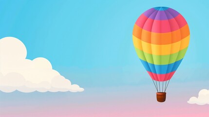 Fototapeta premium Colorful Rainbow Hot Air Balloon Floating in Clear Blue Sky with Puffy White Clouds and Soft Pink Horizon, Ideal for Travel, Adventure, and Summer Themes, Backgrounds Wallpapers Greeting Cards