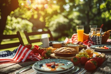 Outdoor breakfast on the table with American flag covering it on memorial day