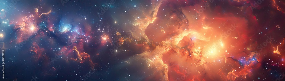 Poster vibrant galactic nebula with colorful gas clouds and star clusters, capturing the beauty and vastnes