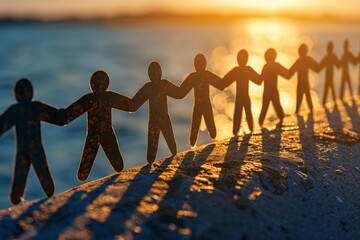 Silhouettes Of Paper People Holding Hands In Unity Against A Golden Sunset Over Water.