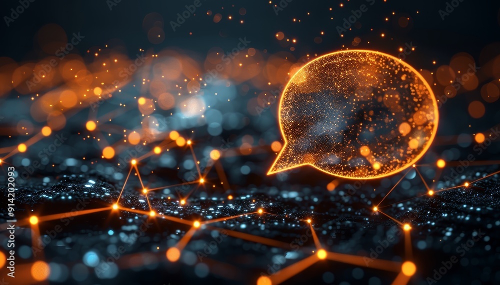 Poster abstract network connection with orange glowing speech bubble, communication and technology concept.