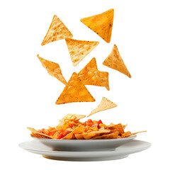 Flying nachos with plate ontransparent background high res 8K