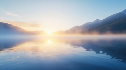 Fototapeta premium Sunrise over a tranquil lake with misty mountains in the background.