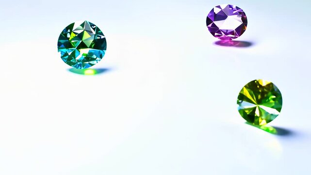 A collection of colorful gemstones floats on a white surface