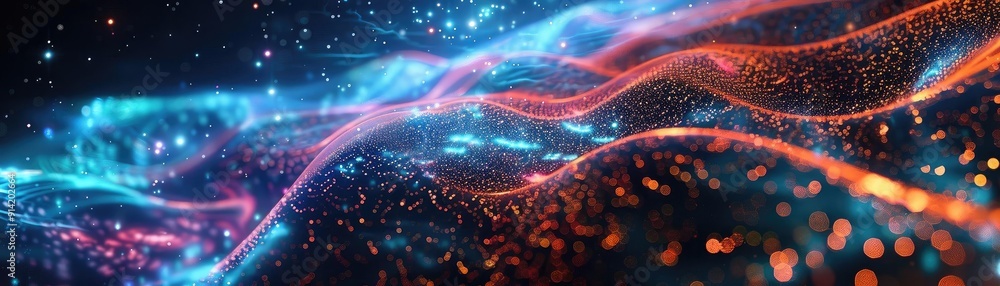 Poster vibrant abstract light patterns in shades of blue and orange, creating a mesmerizing visual experien