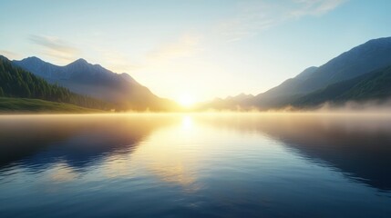 Fototapeta premium Sunrise over a misty lake with mountains in the background.