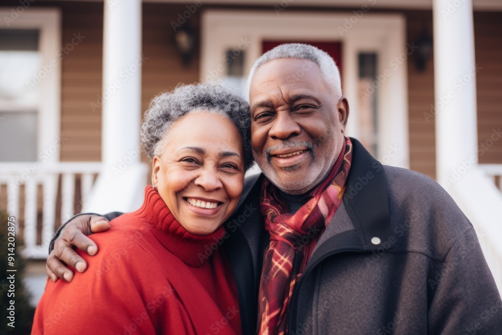 Wall mural Portrait of a smiling senior African American couple in front of house