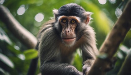 A monkey is sitting on a tree branch. The monkey is looking at the camera. The image has a calm and peaceful mood