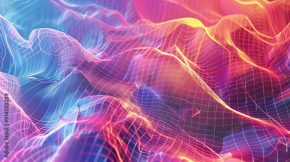 Poster vibrant abstract waves with colorful gradients and intricate patterns, creating a mesmerizing digita