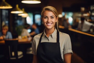 Portrait of a smiling young waitress at bar