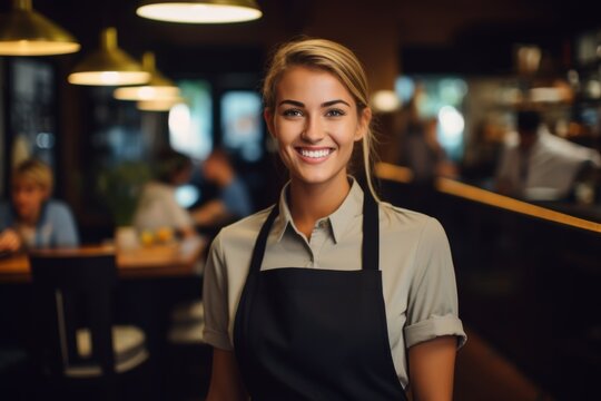 Portrait of a smiling young waitress at bar