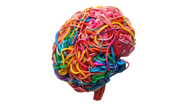 A colorful brain model with cables on transparent background