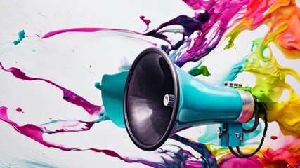 Colorful megaphone with vibrant paint splashes on white background, creative concept