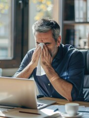 Naklejka premium A man in an office with his head in a box of tissues, dealing with cold or allergy issues.