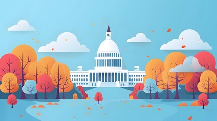 A clean, flat illustration featuring a prominent government structure with geometric trees and soft, floating clouds on a pastel blue canvas