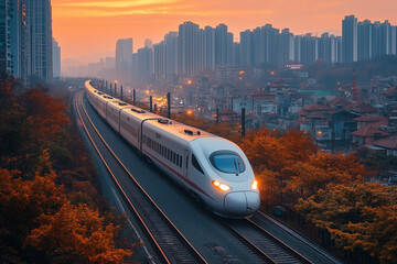 Fototapeta premium Landscapes view of high speed train and civilization city view