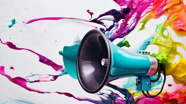 Colorful megaphone with vibrant paint splashes on white background, creative concept