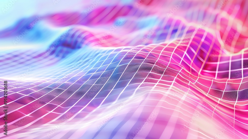 Poster a vibrant wave of colorful lines and grids creating a digital landscape, perfect for tech and abstra