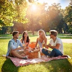 Young friends having a picnic in the park on a sunny day