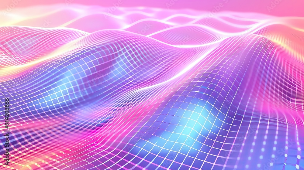 Poster a vibrant digital landscape featuring flowing waves of light, blending colors in a mesmerizing patte