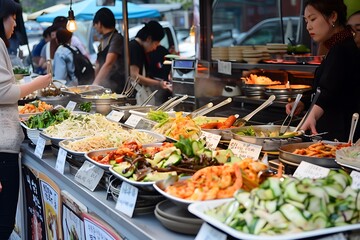 Obraz premium Various of korean street foods. Food stall in urban night festival.