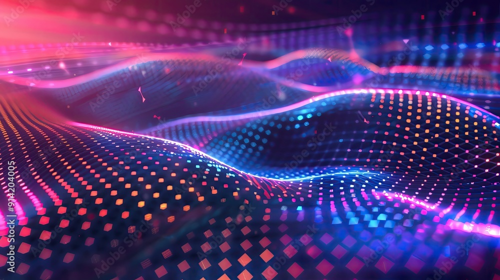 Poster vibrant digital waves in colorful gradient, creating a mesmerizing abstract pattern, ideal for backg