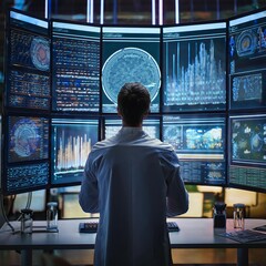 A data scientist analyzing charts on multiple screens in a tech lab