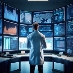 A data scientist analyzing charts on multiple screens in a tech lab