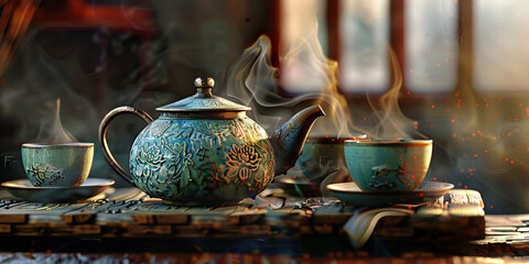 Tea Ceremony: A finely crafted ceramic teapot and intricately patterned teacups.