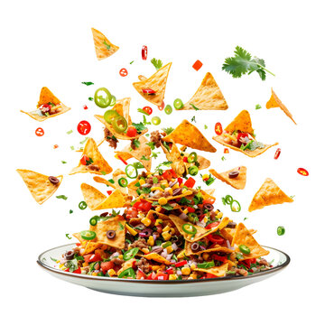 flying nachos with toppings on plate clip art preview