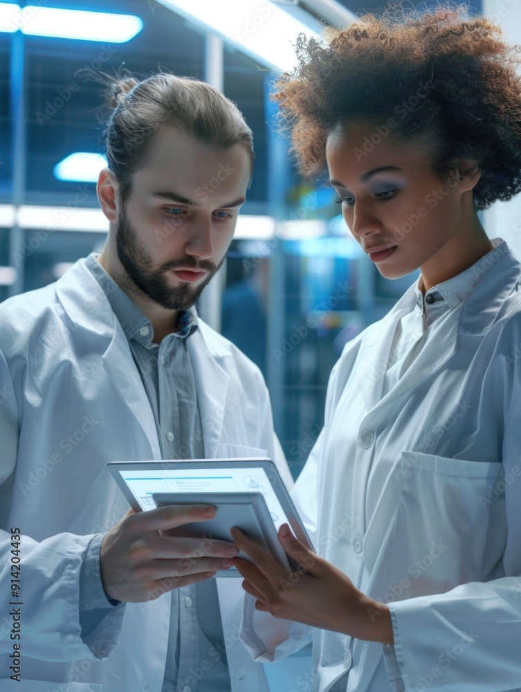 Poster two scientists, a man and a woman, collaborate in a laboratory while analyzing data on a tablet comp