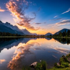 A tranquil lake at sunset with mountains in the background and a perfect reflection on the water
