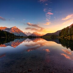A tranquil lake at sunset with mountains in the background and a perfect reflection on the water