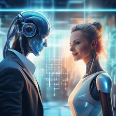 A robot interacting with a person in a futuristic laboratory
